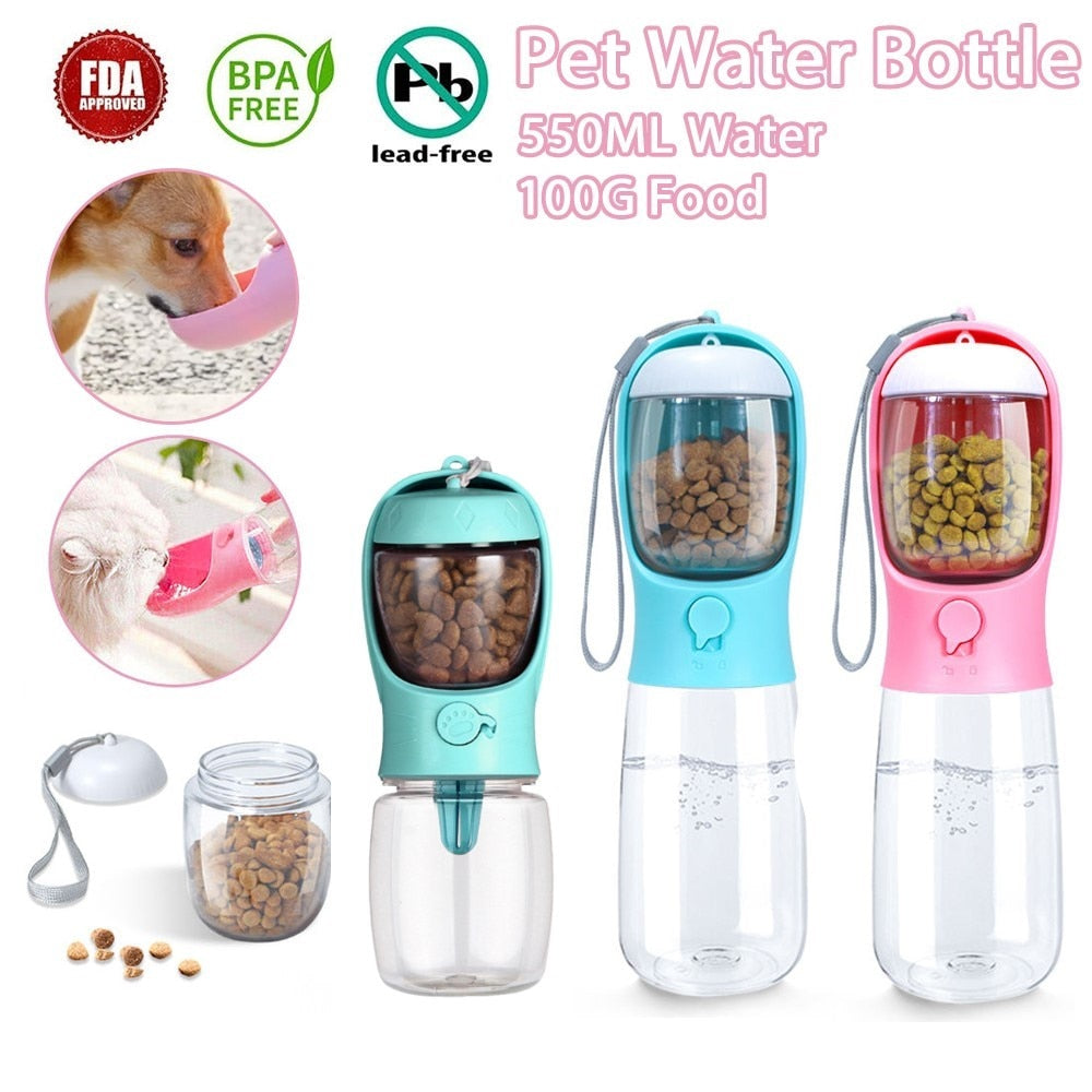 Portable Dog Water Bottle 350ml 550ml with Food and Water Storage Container - One-Handed Feeding and Hydration for Travel and Outdoor Activities