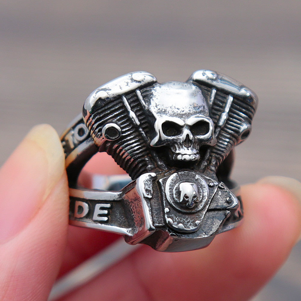 Vintage Stainless Steel Motorcycle Engine Skull Ring - Bold and Unique Biker Punk Steampunk Jewelry