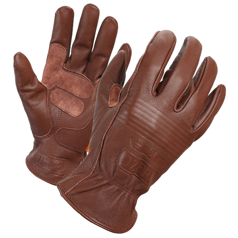 OZERO Retro Leather Motorcycle Gloves Non-Slip Breathable Unisex Full Finger Safety Gloves