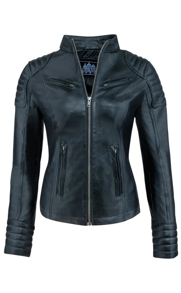 Urban 5884? Ladies Angelina Biker Black Lambskin Leather Short Jacket with Zippered Pockets and Fitted Silhouette