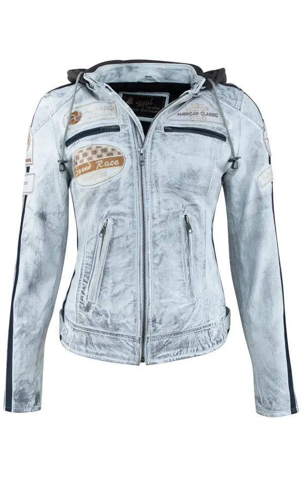 Urban 5884? Sixty-Six Ladies Lambskin Leather Motorcycle Jacket with Removable Fleece Hoodie and Inner Pockets