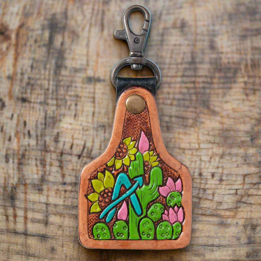 LS Western High Quality Leather Keychain Ornament with Flowers Cactus and Arrow Design - Durable and Stylish