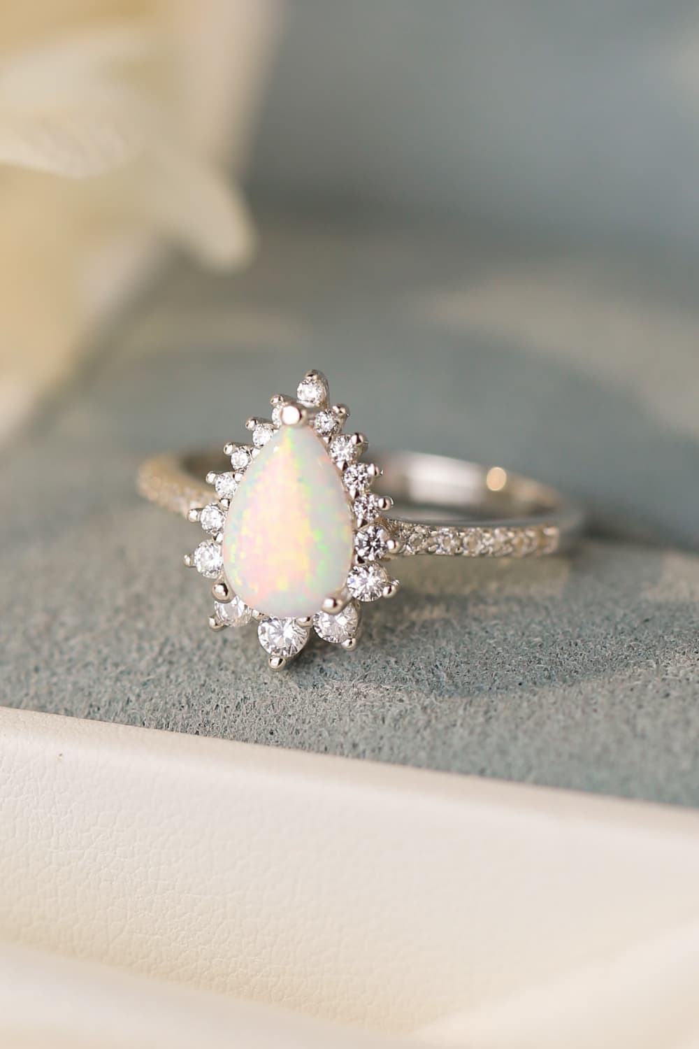 925 Sterling Silver Opal Pear Shape Ring with Zircon Accents - Platinum-Plated Luxury Jewelry from Australia