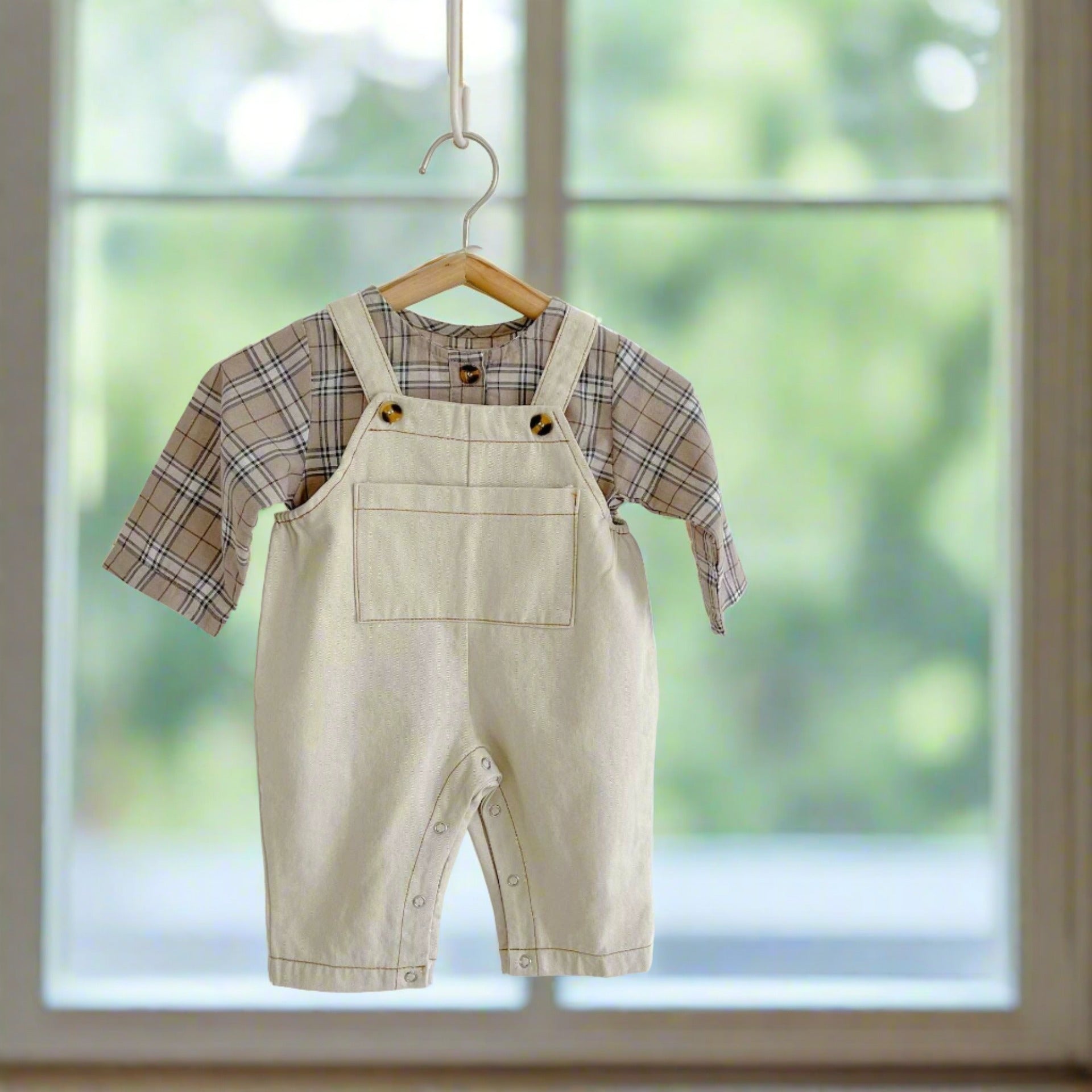 Baby Plaid Top and Denim Overalls - 100% cotton - Beige plaid pattern - Unisex for 1-3 years - Comfortable and stylish