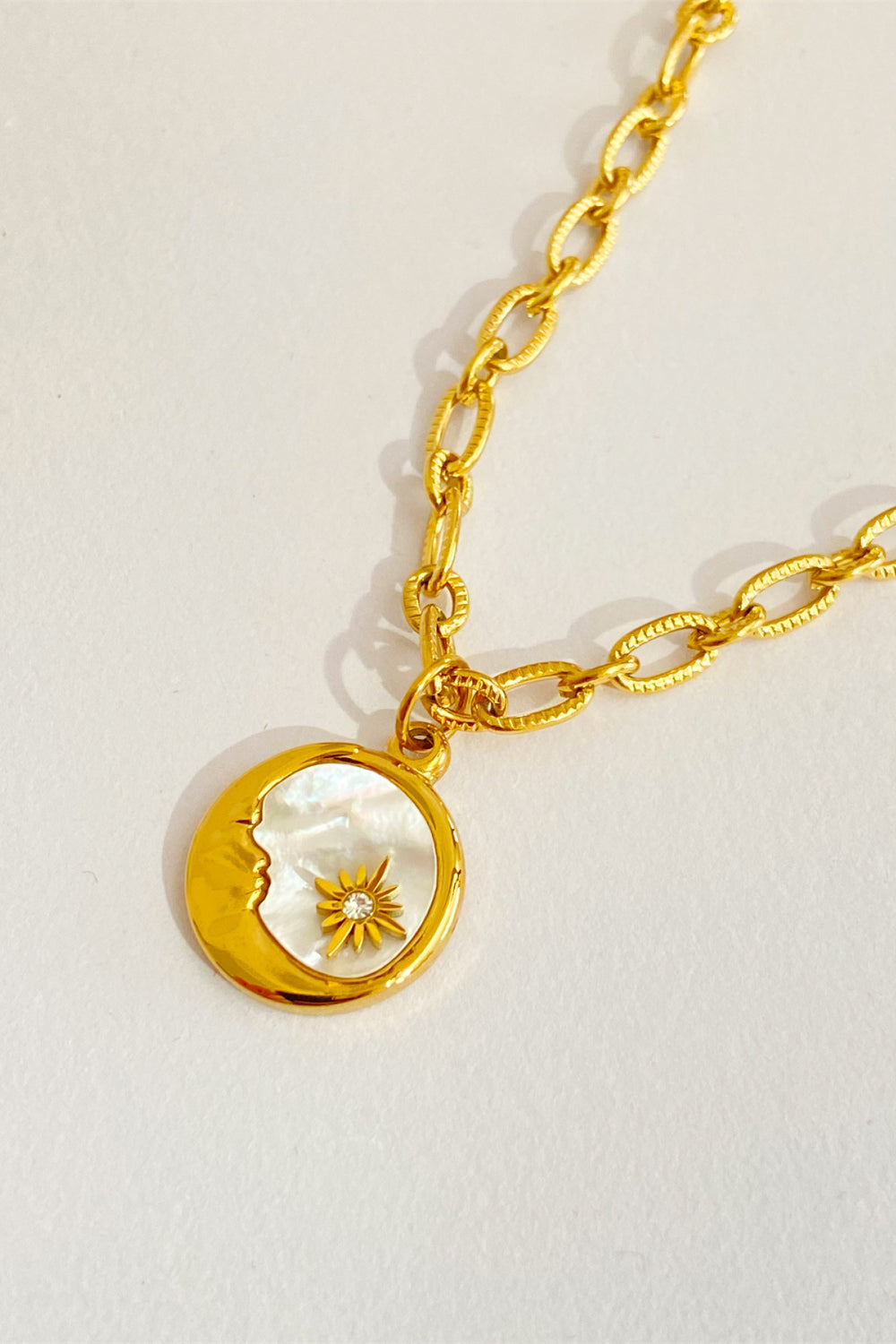 Classic Round Sun Moon Pendant Necklace - Stainless Steel + 18K Gold-Plated