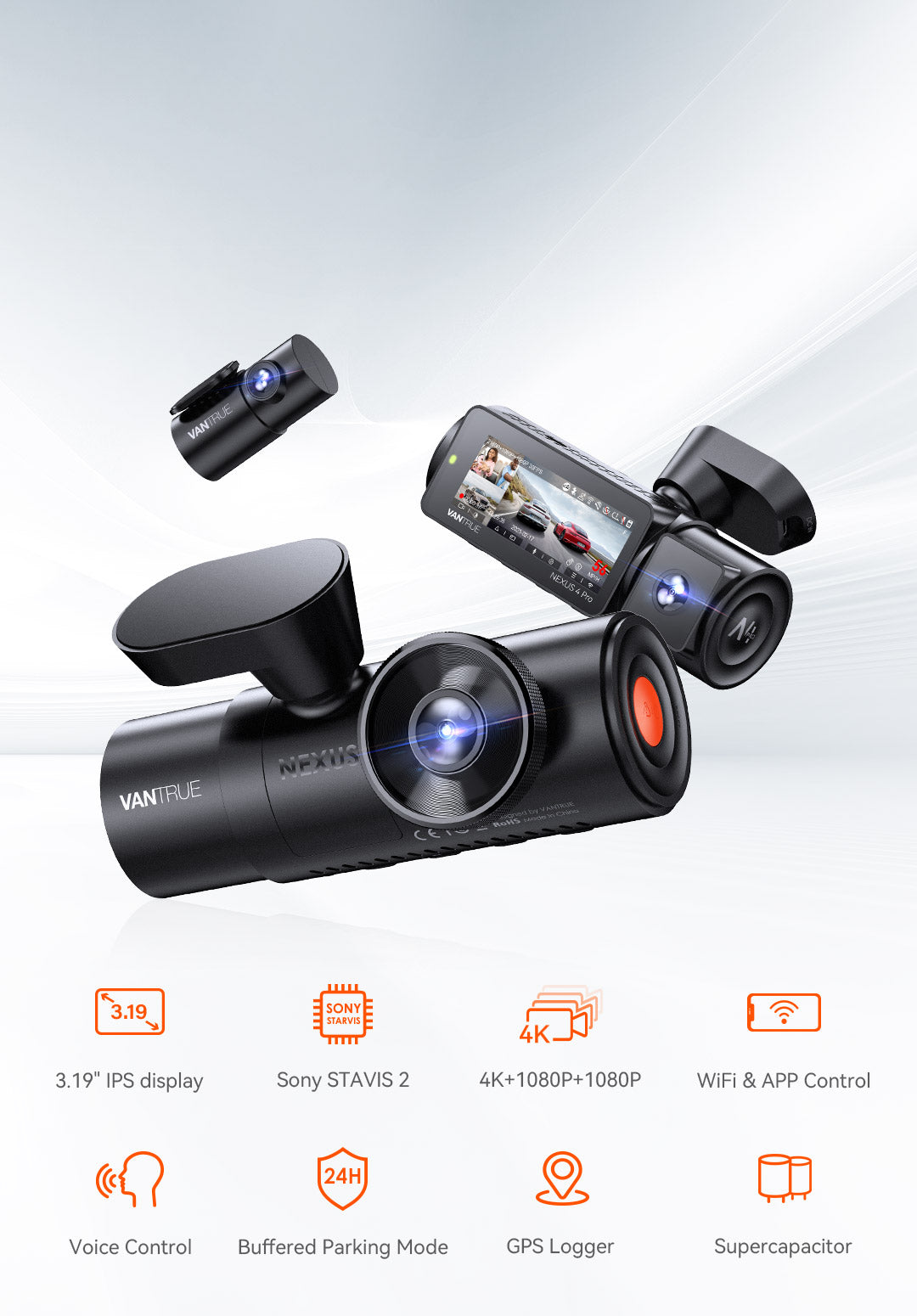 Vantrue N4 Pro 3 Channel 4K WiFi Dash Cam | GPS 4K + 1080P + 1080P