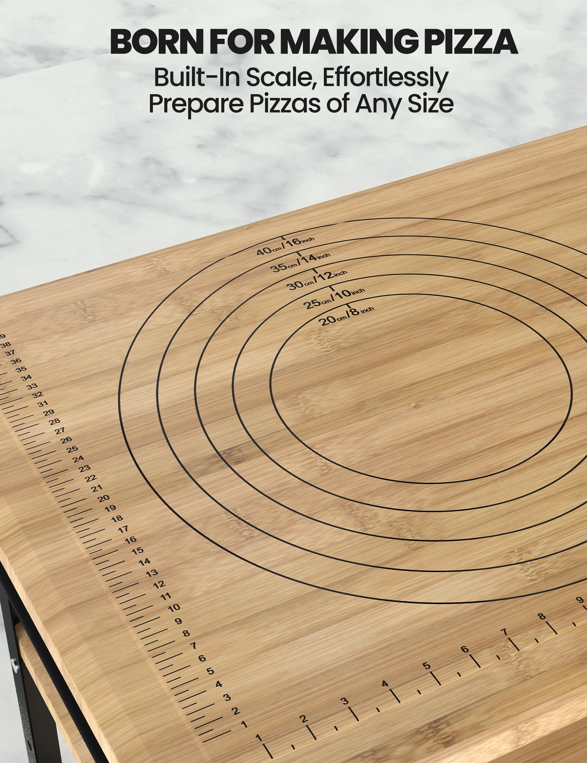 Bamboo Wood Prep Cart Table for Pizza Making Built-in Pizza Size Movable Serving Cart