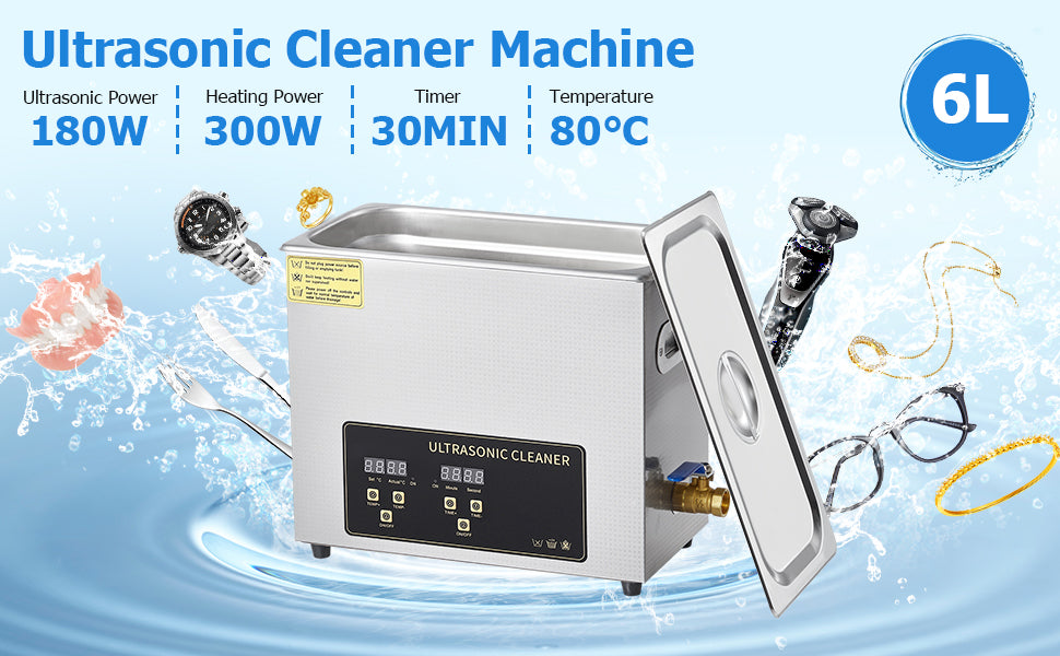 GARVEE Ultrasonic Cleaner 180W 6L Ultrasonic Jewelry Cleaner Machine With Digital Timer Heater Silver