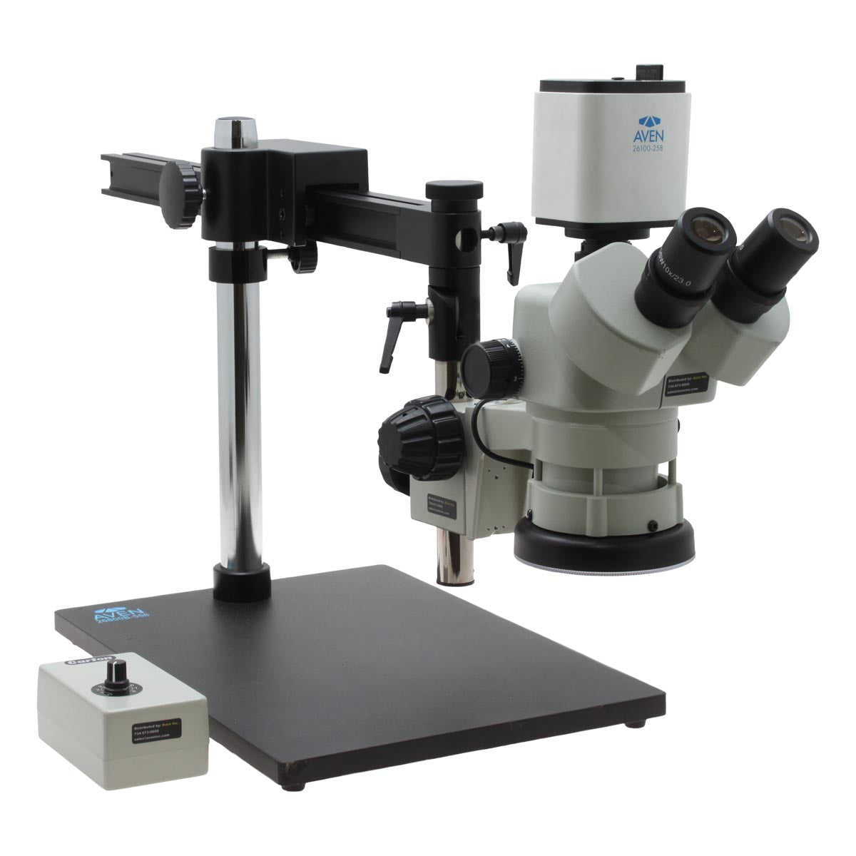 Stereo Zoom Microscope SPZV-50 [6.7x - 50x] on Ultra Glide Stand with Tiltable Arbor and Mighty Cam Pro Auto Focus Camera