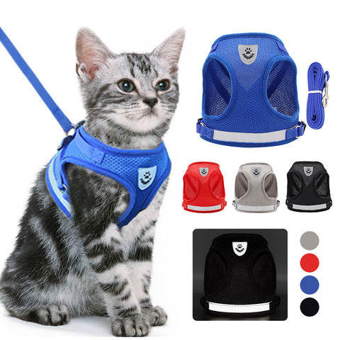 Cat Harness Reflective Breathable Chest Vest 4 Color Pet Leash Set