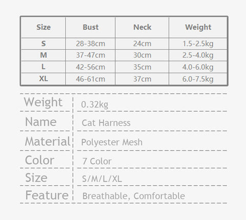 Cat Harness and Leash Set Breathable Mesh 7 Color Pet Accessories