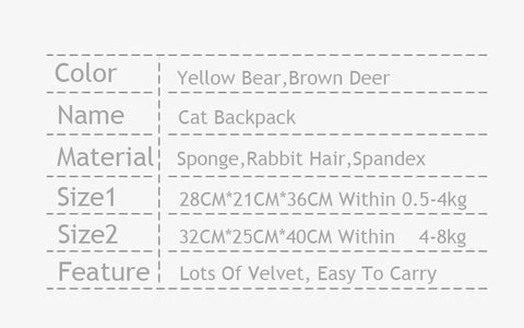 Cat Warm Bag Portable Soft 2 Color Breathable Outcrop Backpack