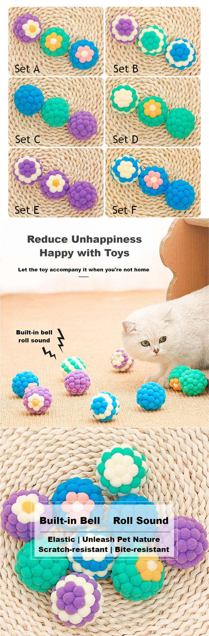 Interactive Cat Toy Colorful Plush Ball Built-in Bell