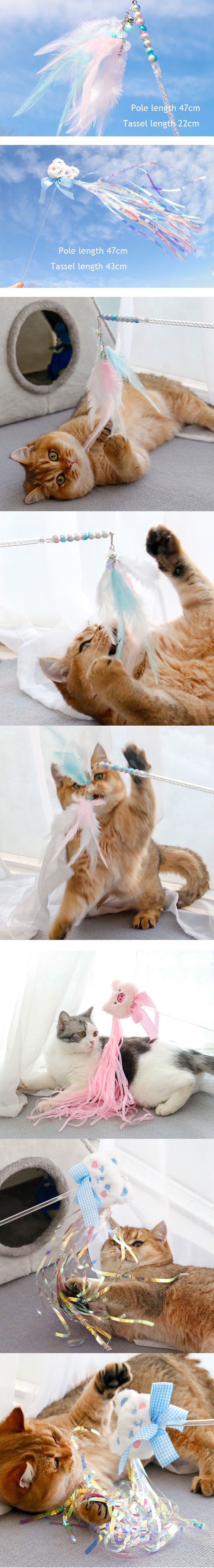 Teaser Cat Stick Toys Long Pole Bear Ribbon Tassel Bell