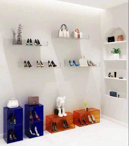 Durable and colorful silk-screen printed logos on acrylic shoe boxes.