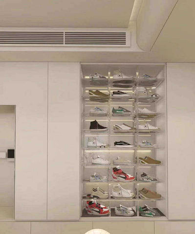 Upscale hot stamped foil branding on sleek acrylic shoe boxes.