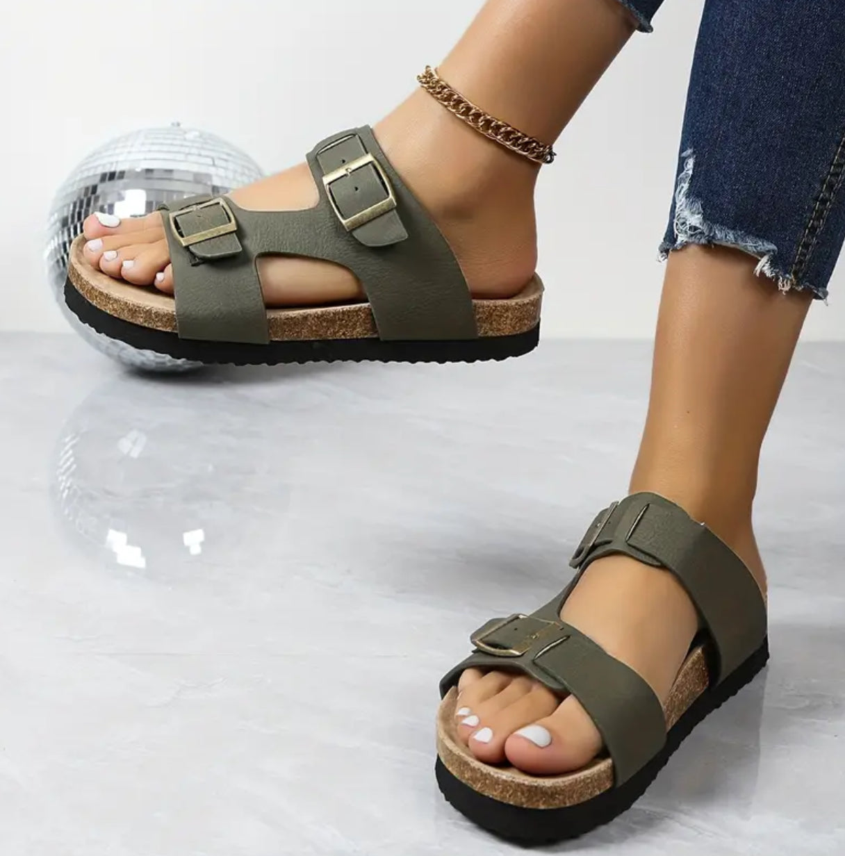 Olives, Casual Ladies, Two Buckle, Leather Flip Flops, Wood Sole