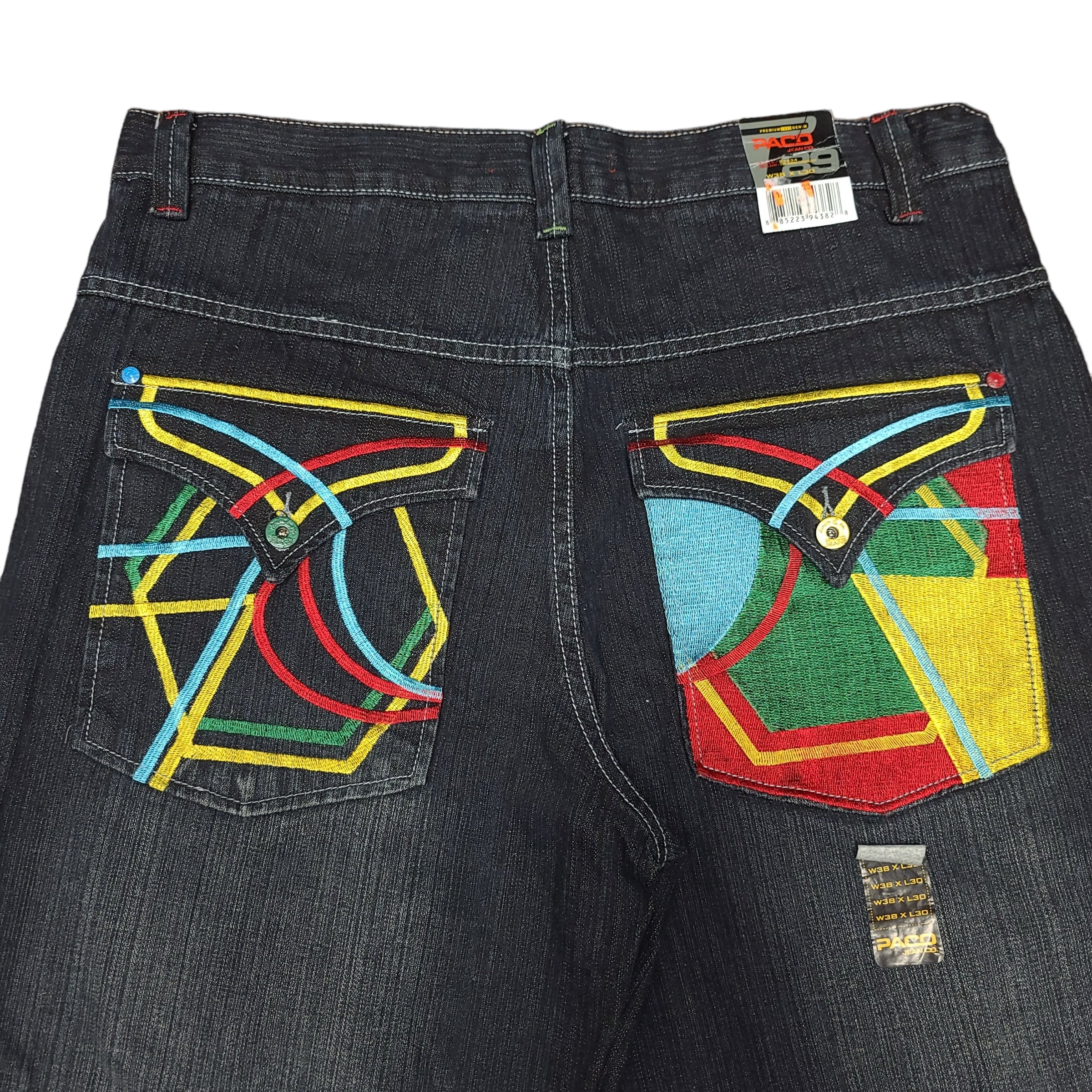 Vintage Y2K Embroidered Rainbow Pocket Black Denim Paco Jeans