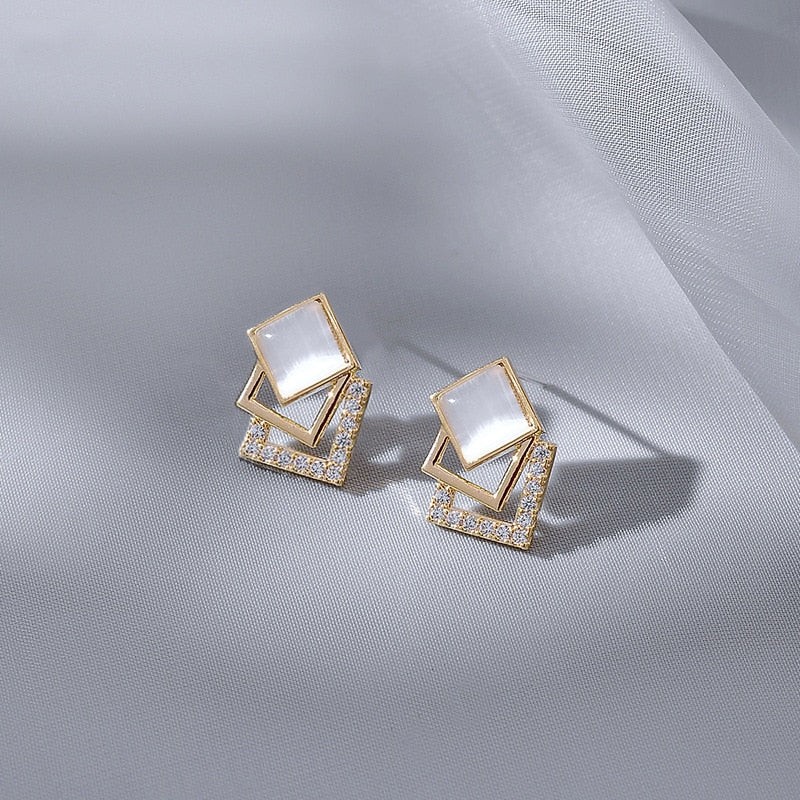 European and American Fashion Temperament Opal Geometric Square Earrings Women Personality Simple and Luxury Zircon Earrings