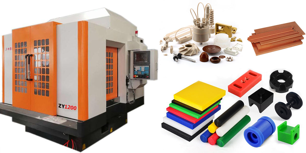 A showcase of Beeplastic's comprehensive CNC plastic machining capabilities, featuring a multi-axis CNC machine precisely cutting a complex industrial component.