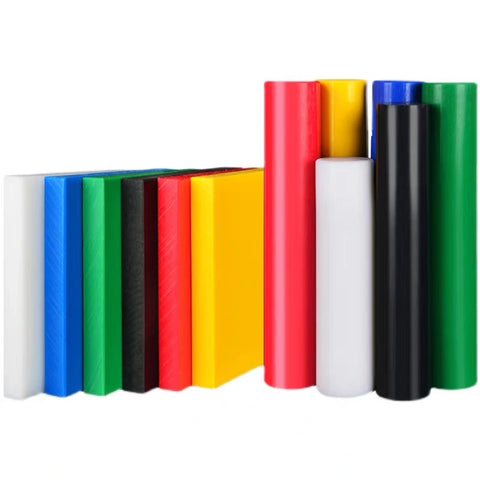 A selection of colorful, industrial-grade plastic rods and sheets for railway and general machining, including UHMW-PE.