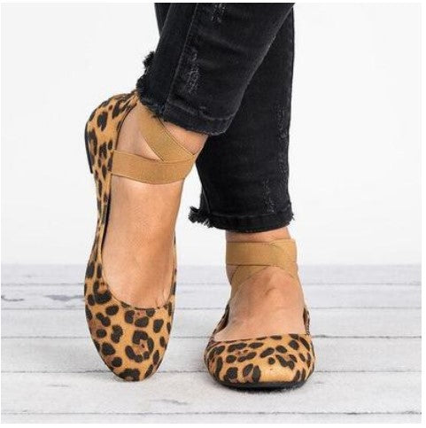 Women Spring Autumn Leopard Print Casual Fashion Soft Round Toe Solid Elastic Strap Flat Shoes