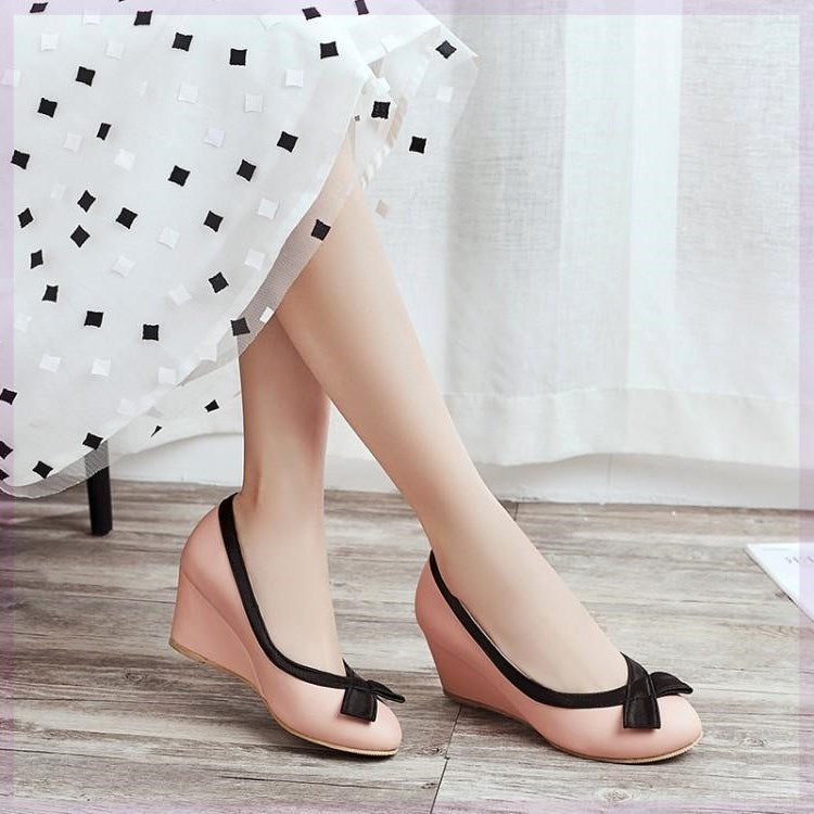 Shallow Mouth Round Toe Wedge Single Shoes Women Sweet Shoes