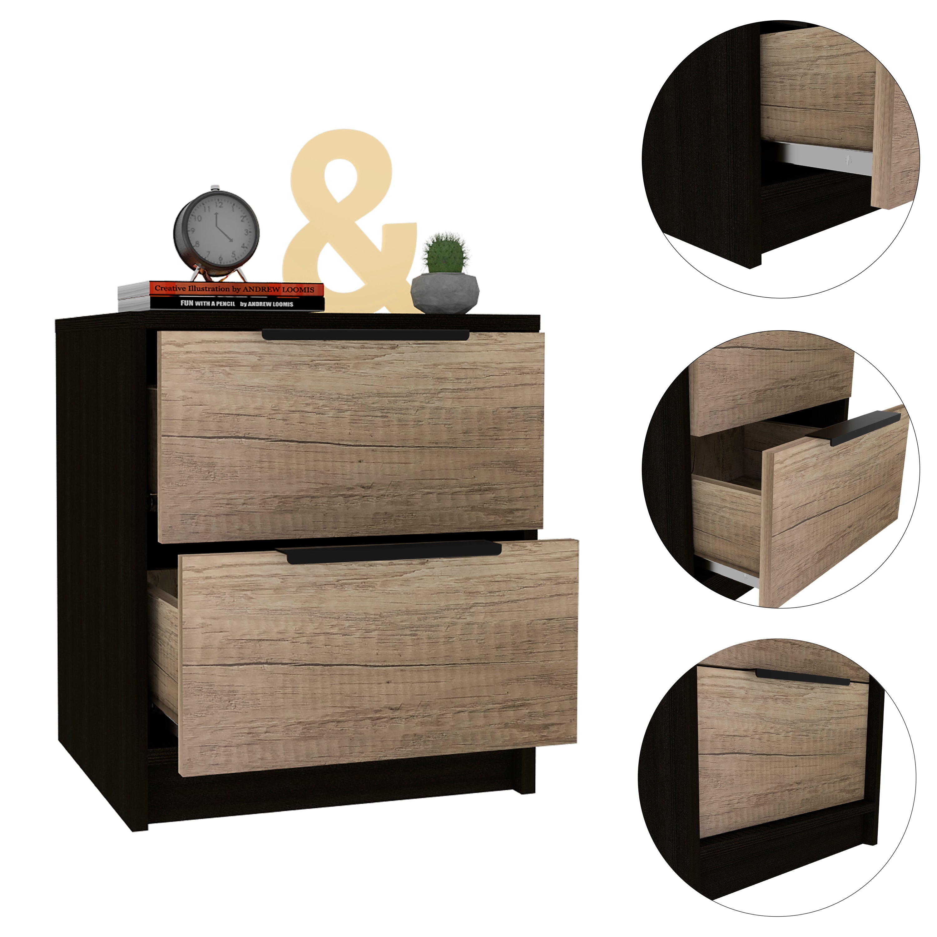 Cannon 2-Drawer Nightstand Black Wengue and Pine