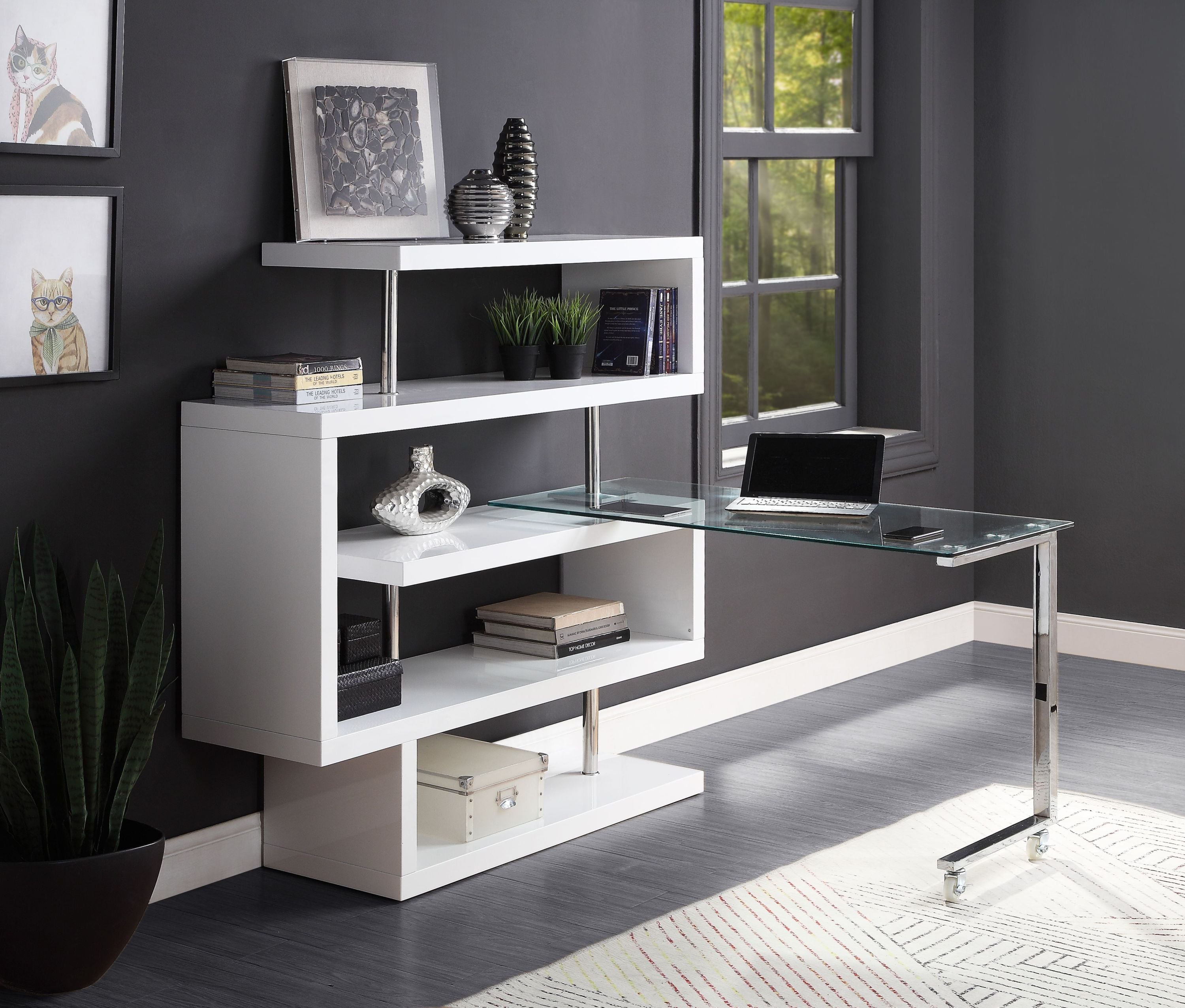 ACME Raceloma Writing Desk w/Shelf, Clear Glass, White & Chrome Finish 93179