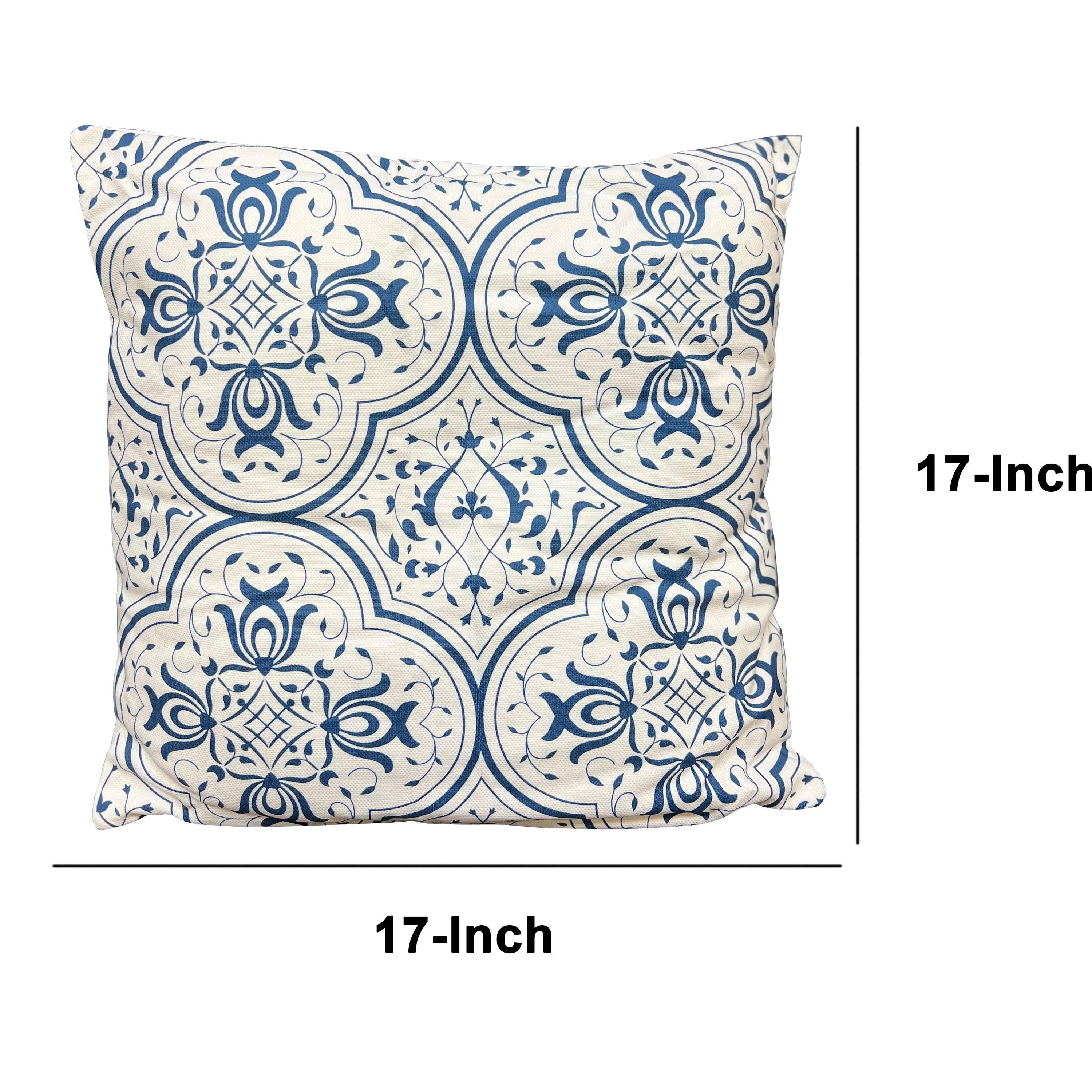 17 x 17 Inch Decorative Square Cotton Accent Throw Pillow with Classic Damask Print, Blue and White
