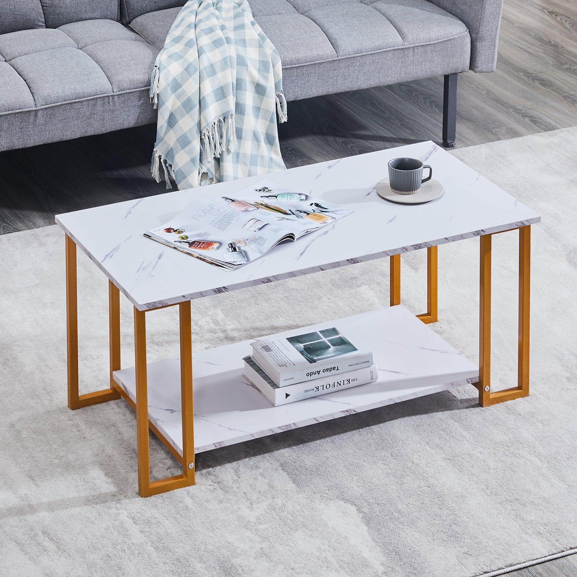 D&N Coffee Table, 2 Layers 1.5cm Thick Marble MDF Rectangle 39.37