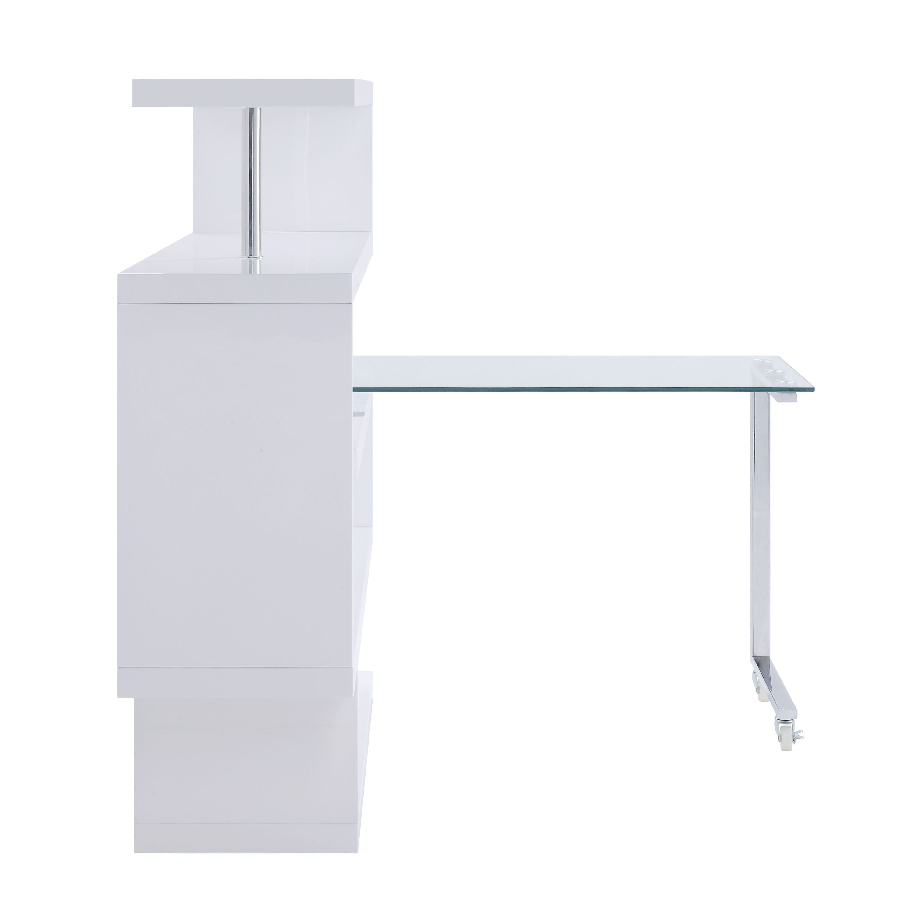 ACME Raceloma Writing Desk w/Shelf, Clear Glass, White & Chrome Finish 93179