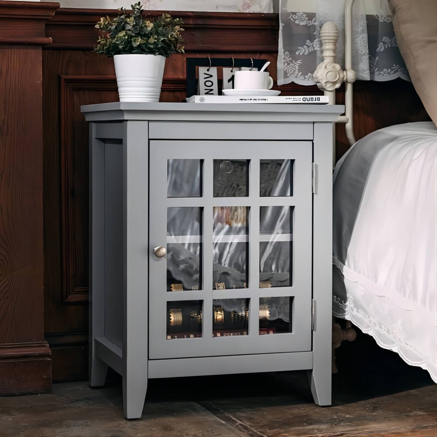 Bedroom Small Bedside Table/Night Stand with Open door Storage Compartments, grey