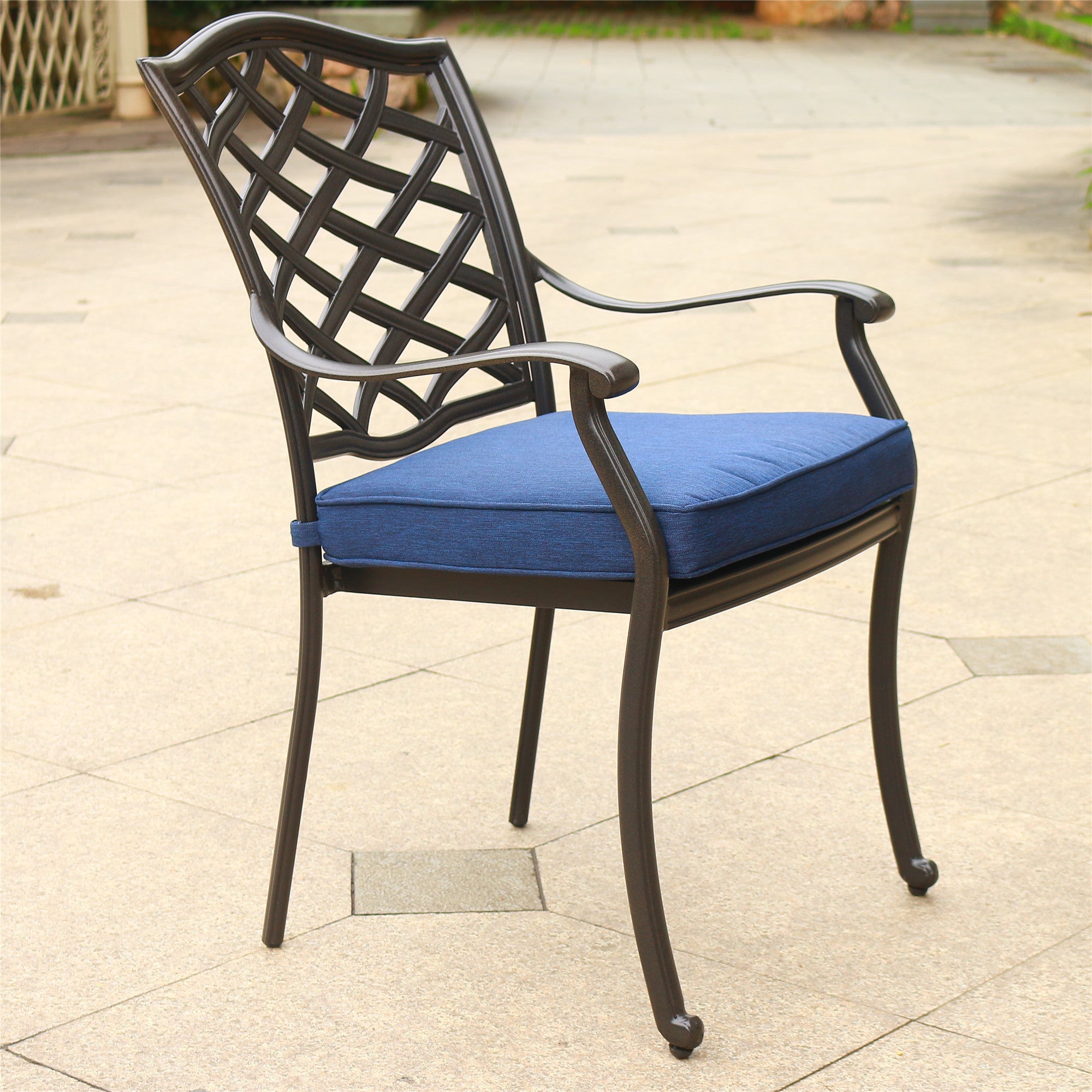 Outdoor Patio Aluminum Dining Arm Chair With Cushion, Set of 2, Navy Blue