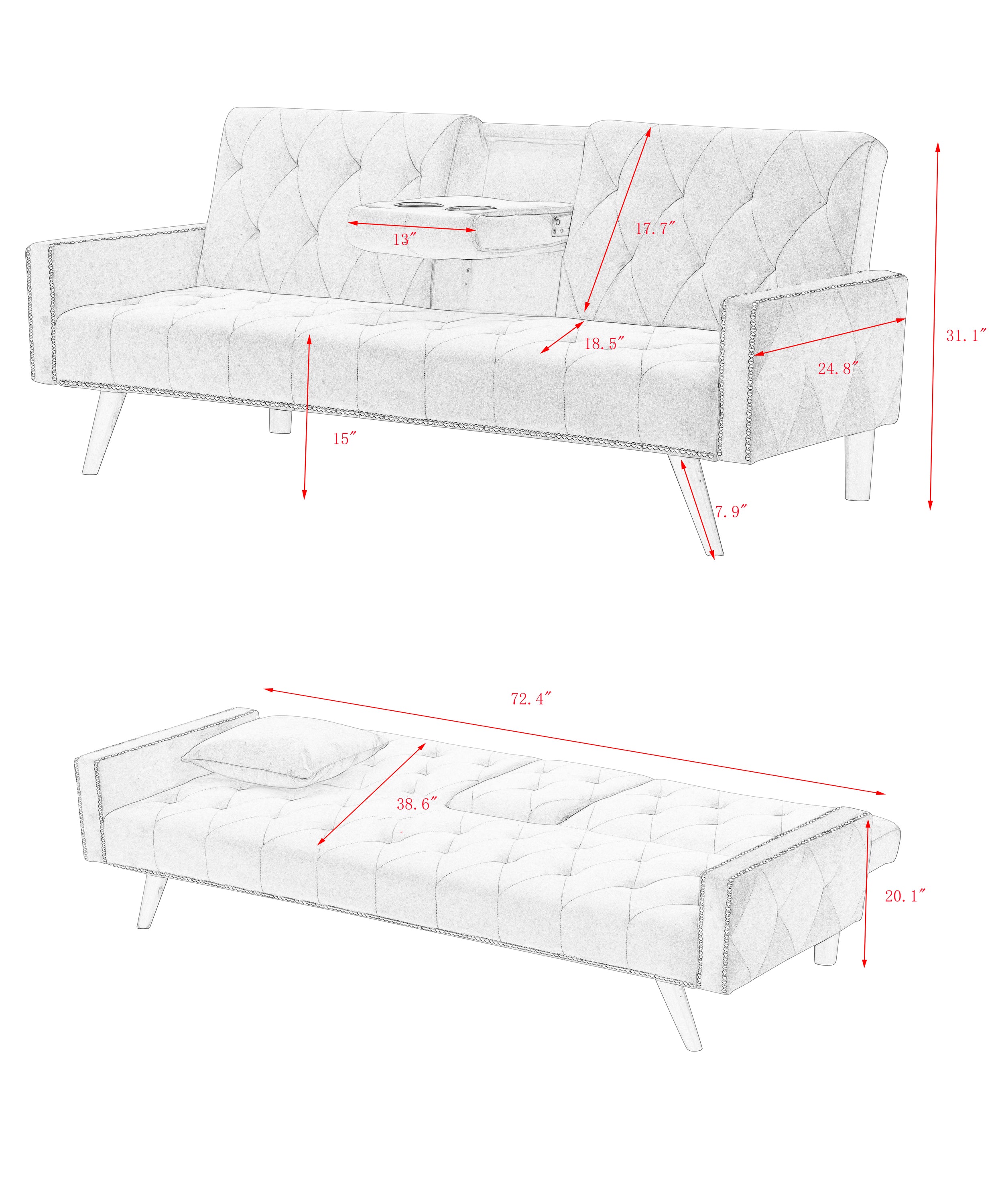 1730 Sofa Bed Armrest with Nail Head Trim with Two Cup Holders 72