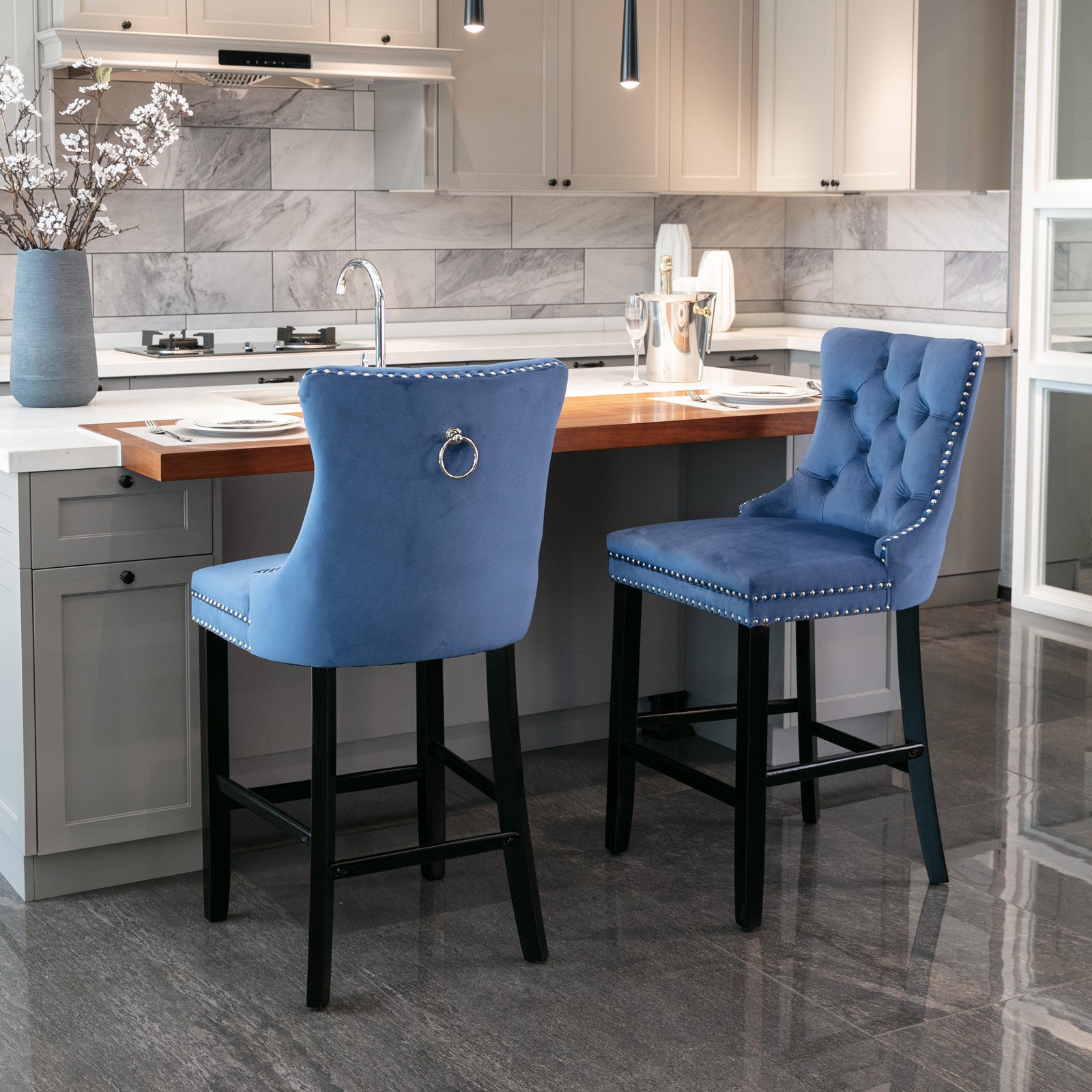 A&A Furniture,Contemporary Velvet Upholstered Barstools with Button Tufted Decoration and Wooden Legs, and Chrome Nailhead Trim, Leisure Style Bar Chairs,Bar stools, Set of 2 (Blue) 1902BL