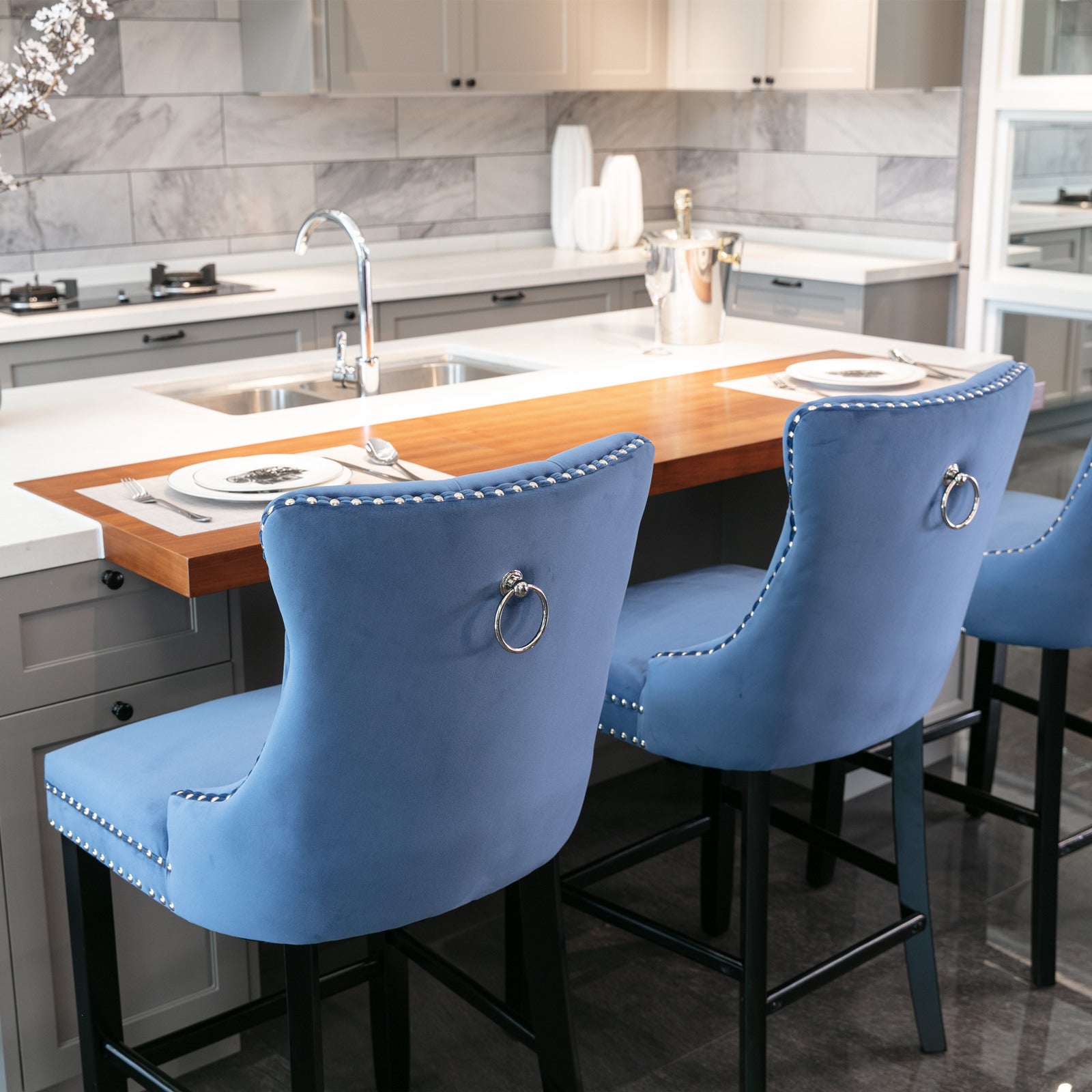 A&A Furniture,Contemporary Velvet Upholstered Barstools with Button Tufted Decoration and Wooden Legs, and Chrome Nailhead Trim, Leisure Style Bar Chairs,Bar stools, Set of 2 (Blue) 1902BL