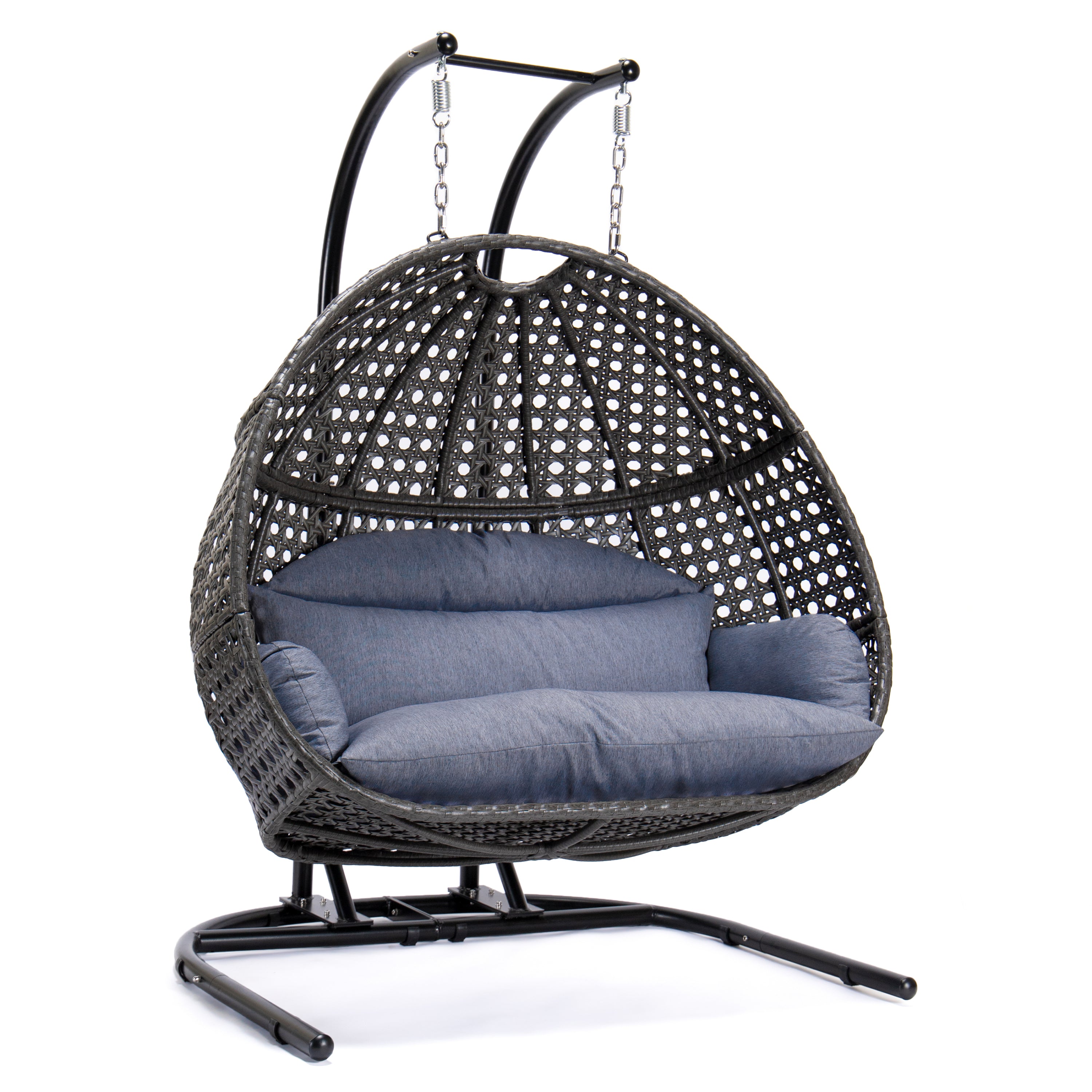 Charcoal Wicker Hanging Double-Seat Swing Chair with Stand w/Dust Blue Cushion