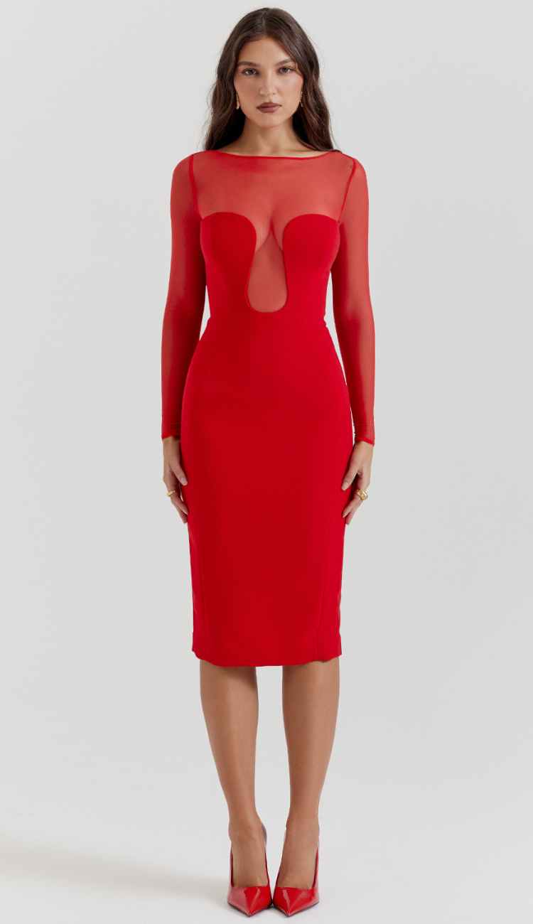 Filipa Red Plunge Midi Dress