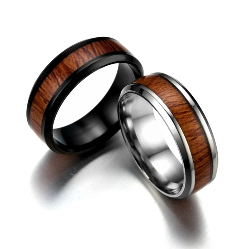 Vintage Stainless Steel Wood Rings For Men