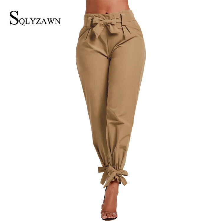 Women Summer Solid Color Harem Pants With Waist Belt Bowtie Solid