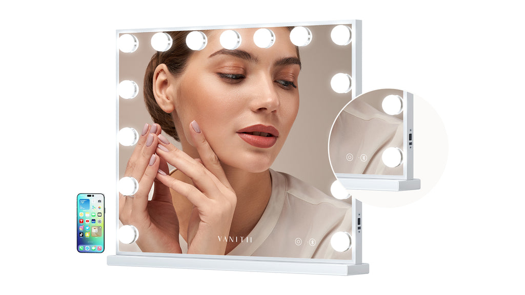 Young Beauty Girl Makeuping with Vanitii Hollywood Mirror