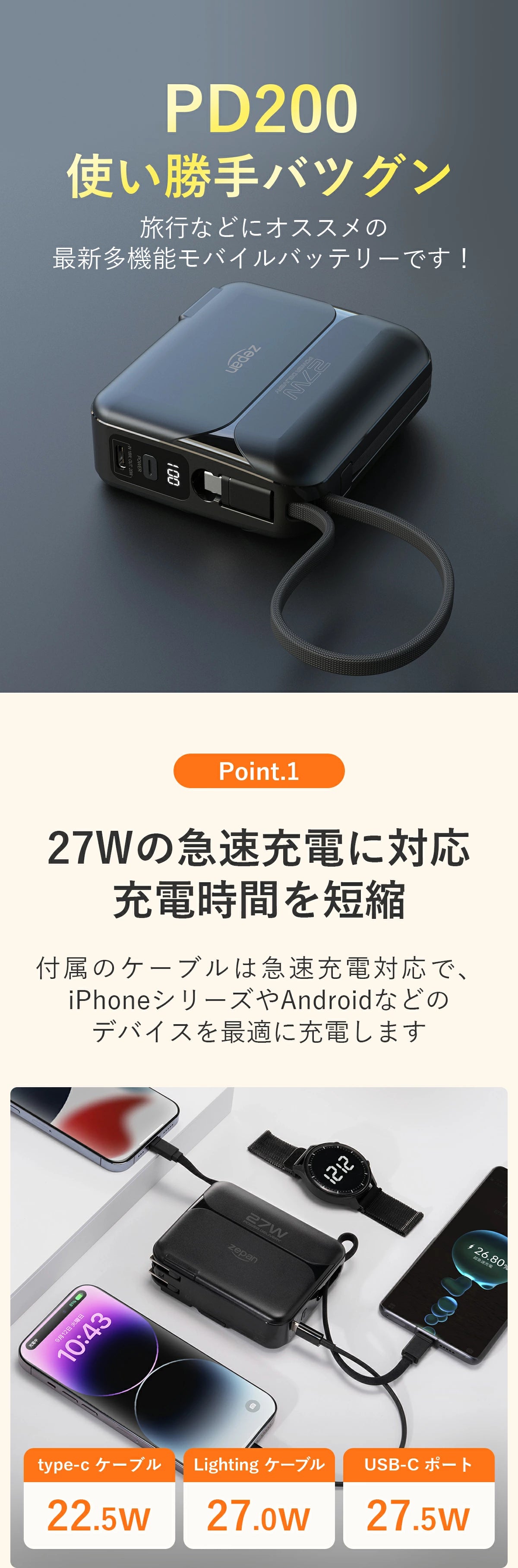 【2本ケーブル内蔵】モバイルバッテリー 急速充電 zepan PD200W