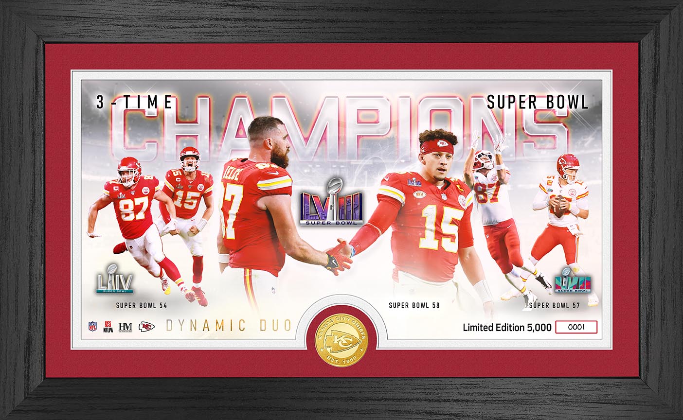 Mahomes & Kelce 3 Time Super Bowl Champions Pano Bronze Coin Photo Mint