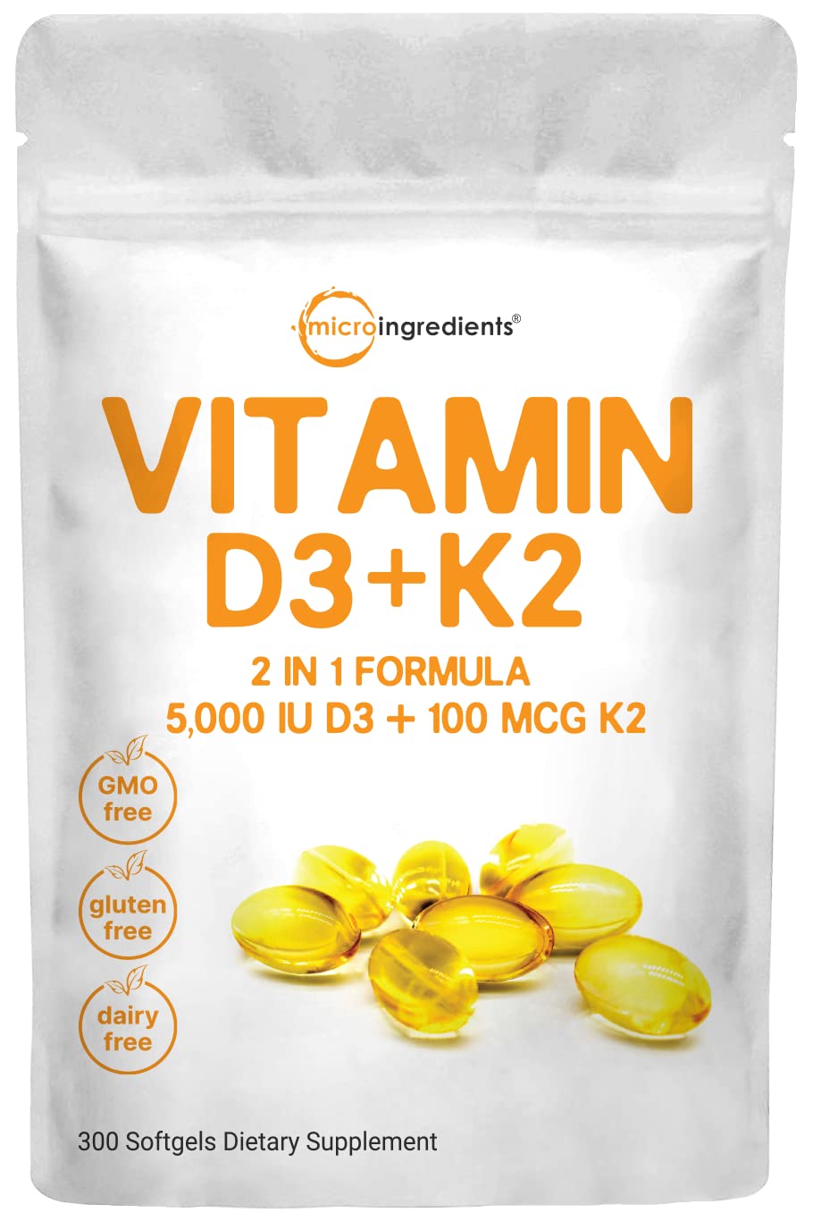 Micro Ingredients Vitamin D3 5000 IU with K2 100 mcg, 300 Soft-Gels | K2 MK-7 with D3 Vitamin Supplement, 2 in 1 Support Immune, Heart, Joint, Teeth & Bone Health - Easy to Swallow