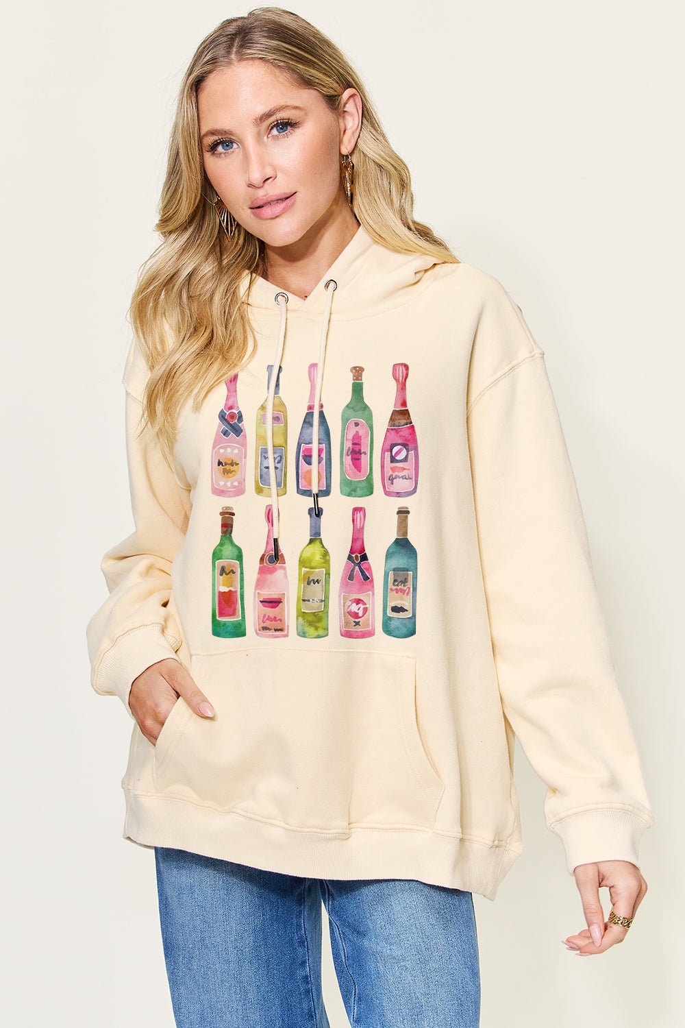 Wine Bottle Graphic Long Sleeve Hoodie