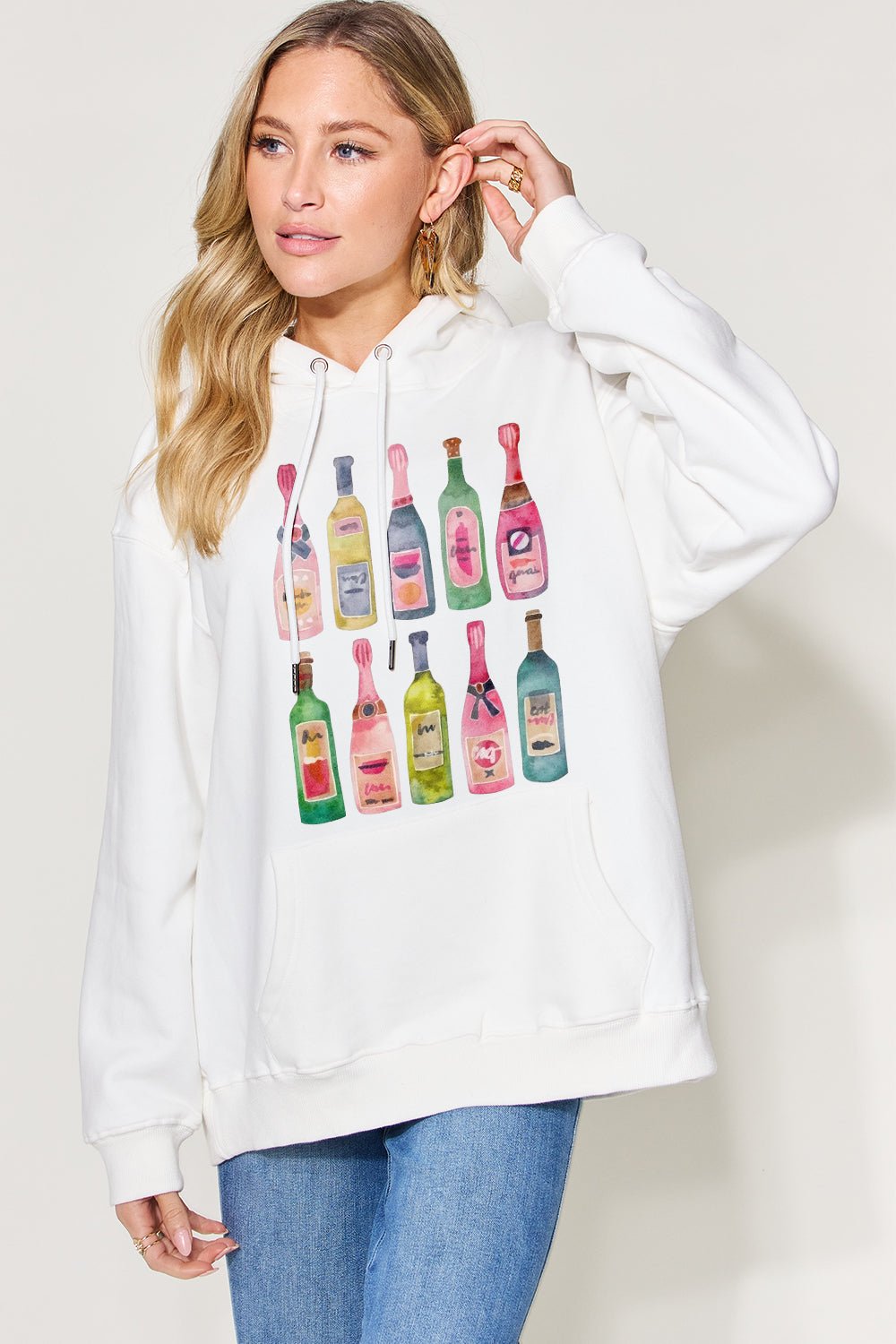 Wine Bottle Graphic Long Sleeve Hoodie