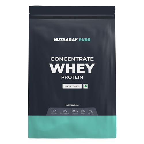 NUTRABAY Pure 100% Raw Whey Protein Concentrate, 23.4g Protein - 1Kg, Unflavoured