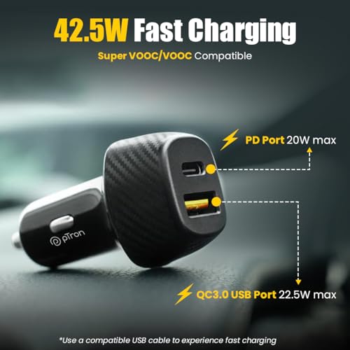 pTron Bullet Zip Mini 42.5W Car Charger with Dual Output, Super VOOC/VOOC Compatible, Fast Charging 20W Type-C/PD & 22.5W USB QC 3.0A & Multiple Protection Layers (Black)