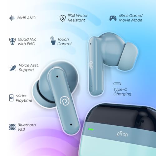 pTron Newly Launched Zenbuds 1 ANC Earbuds, 28dB Active Noise Cancellation TWS, Quad Mic TruTalk ENC Calls, 60Hrs Playtime, 45ms Game/Movie Mode & in-Ear Bluetooth 5.3 Wireless Headphones (Blue)